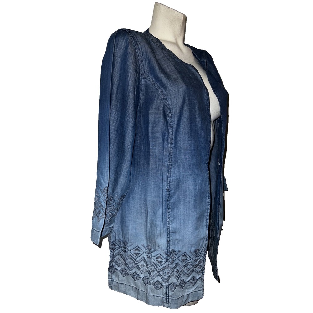 New Chico's Royal Dip Dye Chambray Embroidered Open Front Duster Jacket Size 2 L - Picture 3 of 10